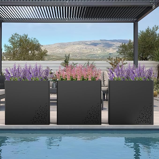 24 Inch Tall Planter Box 24Hx24Lx12W Galvanized Steel Planter with Removable Insert Shelf | Durable Rectangular Planters for Porch, Patio, Yard, Garden (Black)