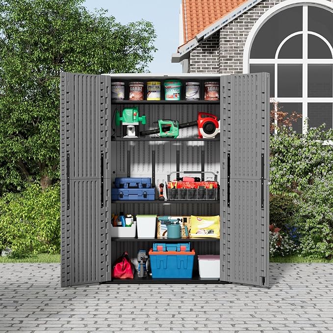 ZZM 67 Cuft Vertical Outdoor Storage Shed Diamond Texture Resin Outdoor Cabinet, 4x6 Sheds FT for Garden, Patio, Backyard, All-Weather Plastic Storage Clearance, Lockable with Floor (Grey-White)