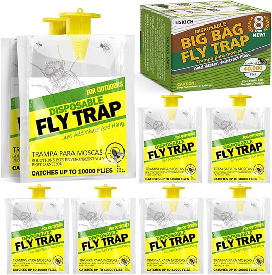 8 Pack Outdoor Hanging Fly Traps, Disposable Flies Killer Trap Bag Catcher with Natural Attractant Bait Bug Catcher and Flying Insect Trap for Outdoor Family Farm Park Orchard Garden