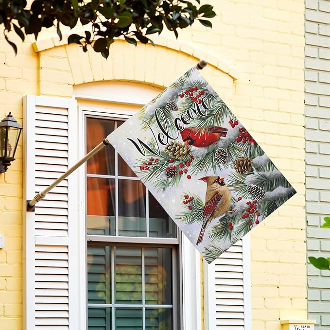 Welcome Winter Garden Flag Christma Cardinal Birds House Banner Red Bird Berry Trees Pine Snow Vertical Yard Flags Pinecone Wall Banners for Xmas Rustic Farmhouse 28 x 40 Inch