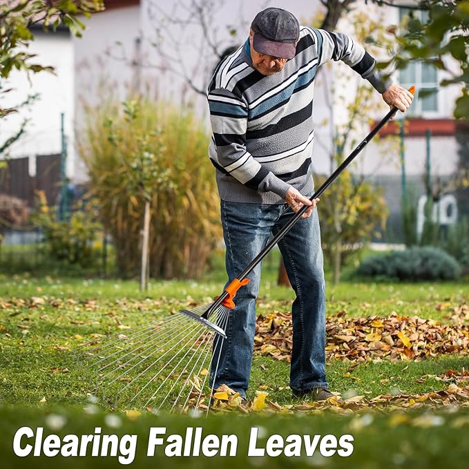 Leaf Rake for Lawns, Adjustable Garden Rake for Leaves with Long Handle, 61 Inches