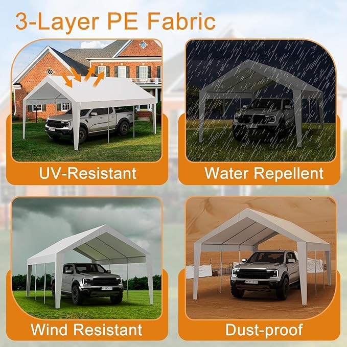 10x20ft Metal Carport Garage with PE Fabric and Galvanized Steel Frame Leg Wrap Carport for Outdoor Shelter for Cars, Trucks, and Boats - White