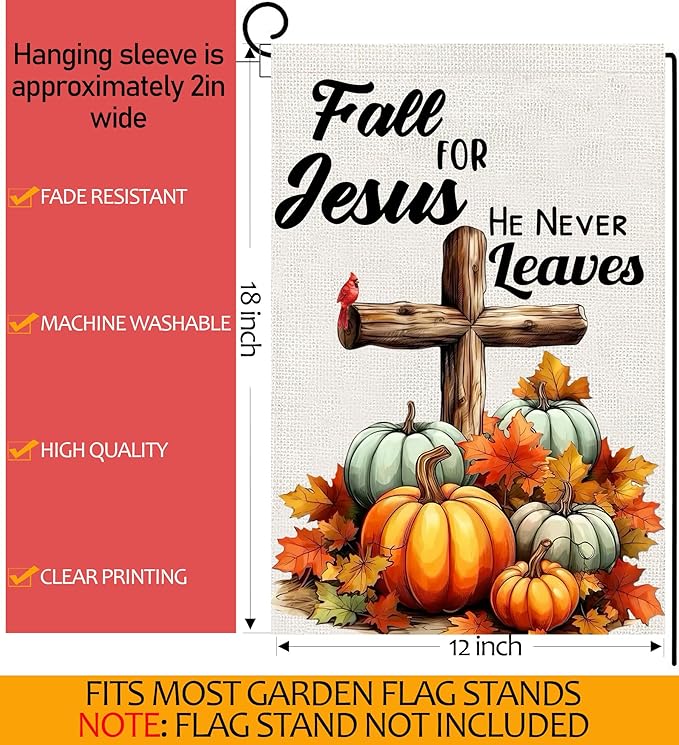 Fall Cross Pumpkin Garden Flags 12x18 Double Sided, Fall for Jesus He Never Leaves Yard Flag for Outside, Autumn Thanksgiving Holiday Seasonal Religious Outdoor Decorations for Home