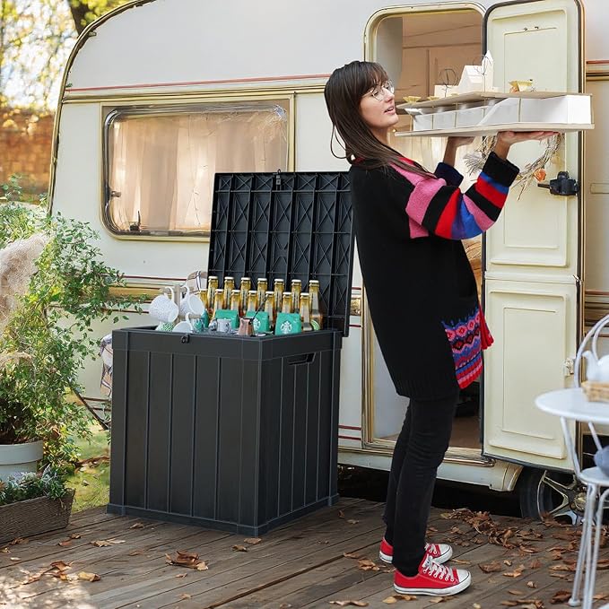 ROJIK Outdoor Storage Housing Deck Box - Waterproof Patio Furniture, Garden Tools, Cushions, Pool Accessories Storage Bench with Lockable Lid and Side Handles (Black, 50 Gal)