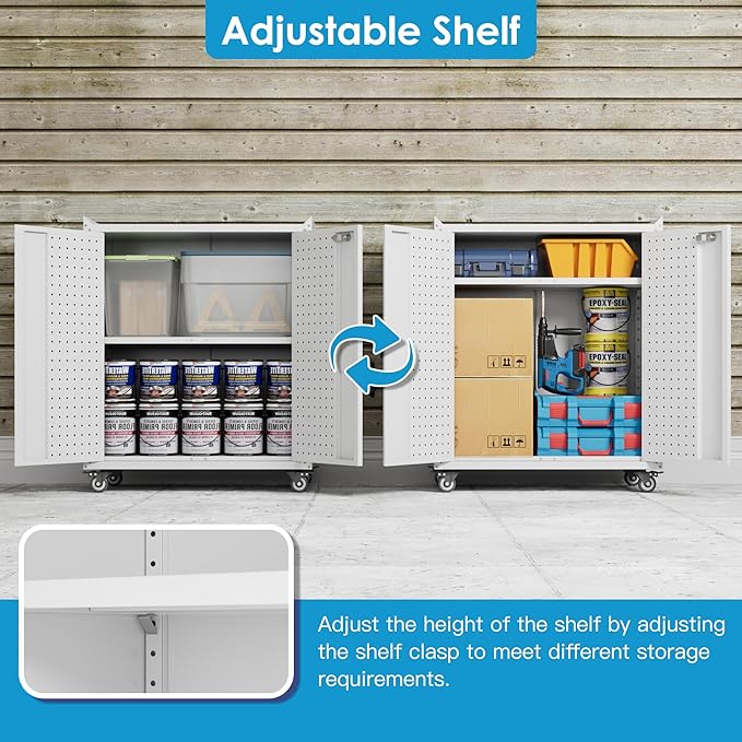 Metal Tool Cabinet with Pegboard and Hooks,Garage Storage Cabinet with Wheels and 2 Lockable Doors for Garage,Home,Office,Assembly Required,White,13.8" D x 26" W x 34.3" H