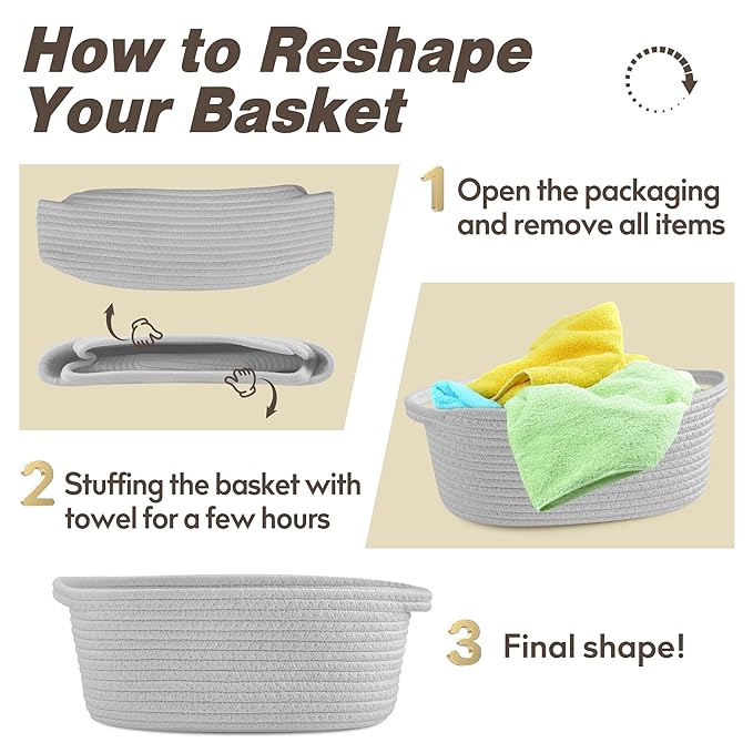 Pro Goleem Small Woven Basket with Gift Bags and Ribbons Durable Baskets for Gifts Empty Small Rope Basket for Storage 12"X 8" X 5" Baby Toy Basket with Handles, Gray