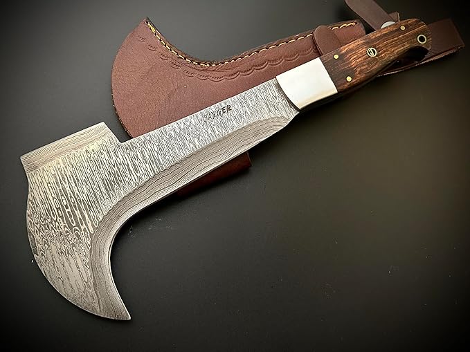 Hand Forged Damascus Steel Machete Billhook Sickle Knife | Yard Work | Machete for Cutting Trees | Brush Clearing Garden Tools | Leather Cover | Belt Loop