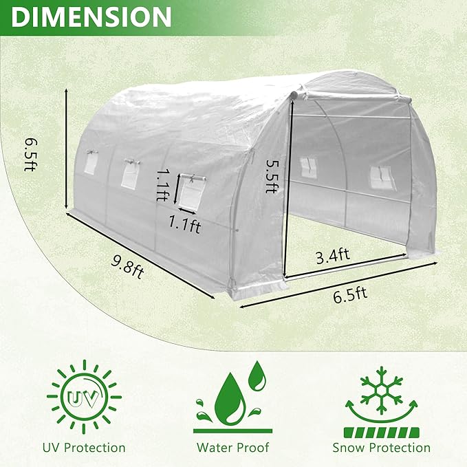 9.8x6.5x6.5 Ft Walk in Greenhouse, Portable Greenhouse, Greenhouse Tunnel, Heavy-Duty Outdoor Greenhouse with Watering System, Roll-up Zipper Door and Window for Outdoor, PE Cover, White