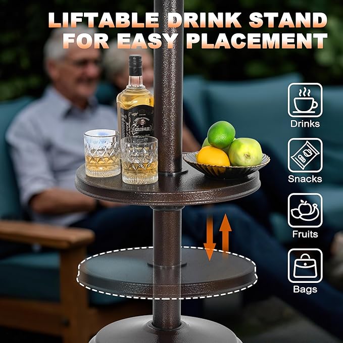 Nuu Garden Outdoor Propane Gas Patio Heater with Wheels, Patio Heater with Liftable Drink Stand for Patio, 304 Stainless Steel Burner, Backyard, Garden, Porch, Brown