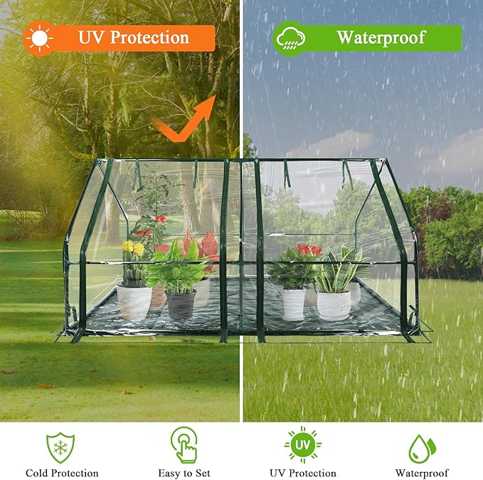 U'Artlines Portable Mini Greenhouse 6x3x3 Ft Small Greenhouse for Outdoors with Waterproof Pad, Little Green Houses Plant Cover Tent for Outside Garden Small Plants, Clear PVC
