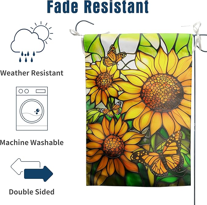 Stained Glass Sunflower Garden Flags Spring Summer Flags for Outside 12x18 Double Sided Small Floral Monarch Butterfly Yard Flag for Outdoor Lawn Poch Decor