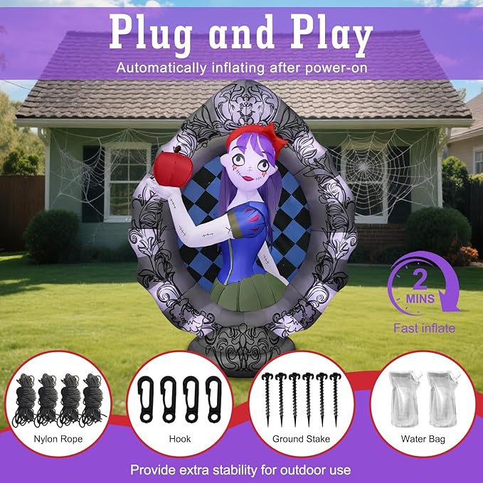 8Ft Tall Giant Halloween Inflatables Snow White Outdoor Decorations, Blow Up Magic Mirror Yard Decor Build-in Flash Lights for Outside Party Lawn Garden