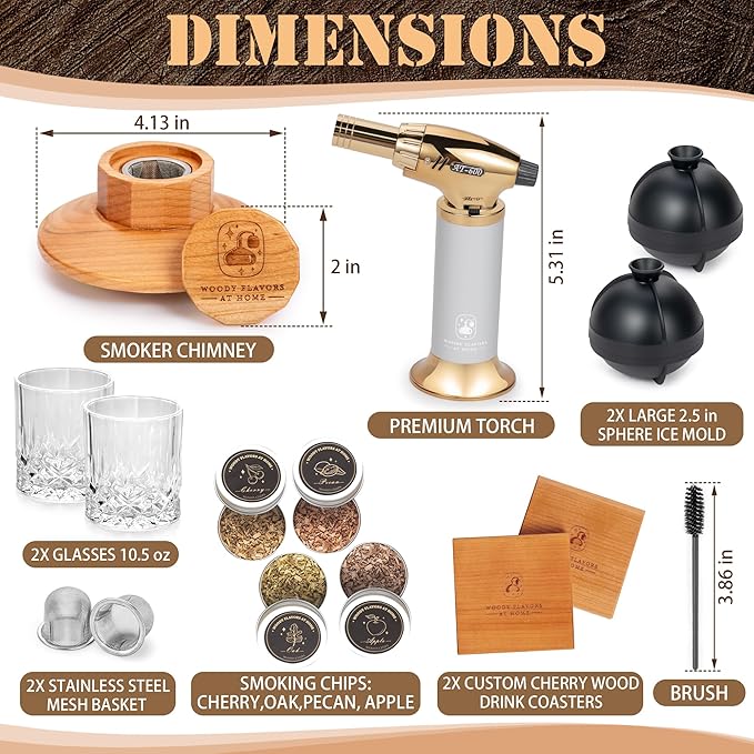 Old Fashioned Cocktail Smoker Kit for Whiskey, Bourbon, and Drinks with Cherry Smoker, Natural Wood Chip Flavors, Culinary Torch, Ice Cube Spheres, 2 Coasters, 2 Glasses