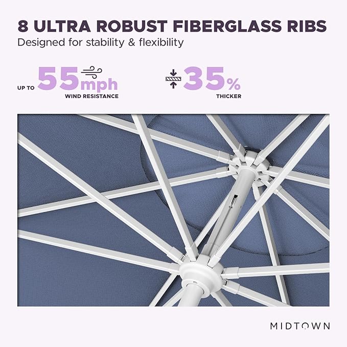 Midtown Umbrellas The Swilt 8 Feet Patio Umbrella in Terylast Light Navy Polyester Fabric - Fiberglass Ribs, Auto-Tilt Aluminum Frame For Backyard, Deck, Garden, Pool - White Pole