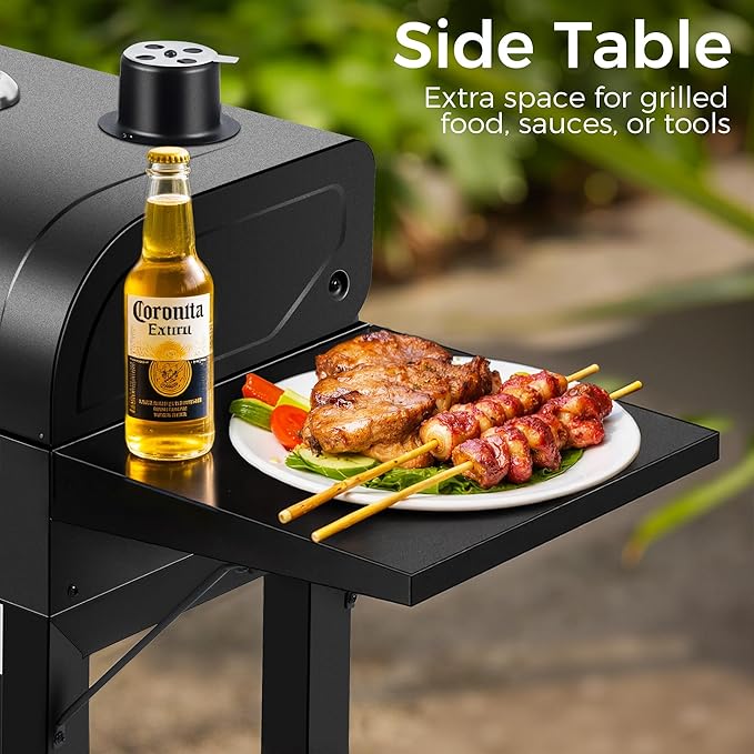 Charcoal Grill, Outdoor BBQ Grill with Side Table and Grease Tray, Double Layer Heavy-duty Steel Smoker Grill with Thermometer and Wheels for Outdoor Picnic, Patio, Backyard, Camping Cooking, Black