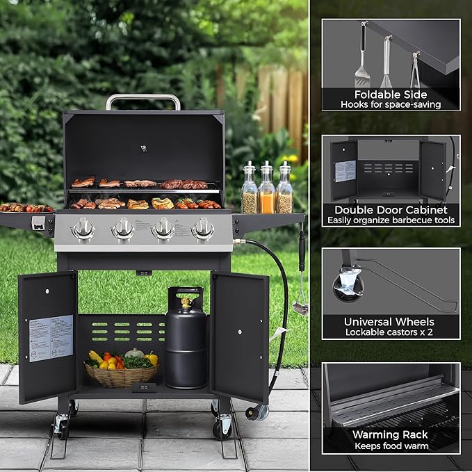 4-Burner Propane BBQ Grill, Stainless Steel Outdoor Gas Grill with 40,000 BTU, Porcelain-Coated Grates and Foldable Side Shelves, Perfect for Patio & Backyard Cooking