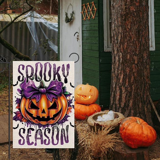 Halloween Garden Flag Pumpkin Spooky Season Vertical Double Sided Flags for Holiday Farmhouse Patio Yard Outdoor Party Decor Decorations Gifts - 12.5 x 18 Inch