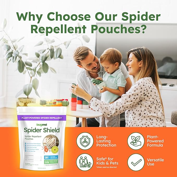 BugMD Spider Shield Repellent Pouches | Plant-Based Indoor & Outdoor Spider Repellent | Safe for Pets & Family | Natural Citronella, Rosemary & Lemongrass Oils | Long-Lasting Spider Protection