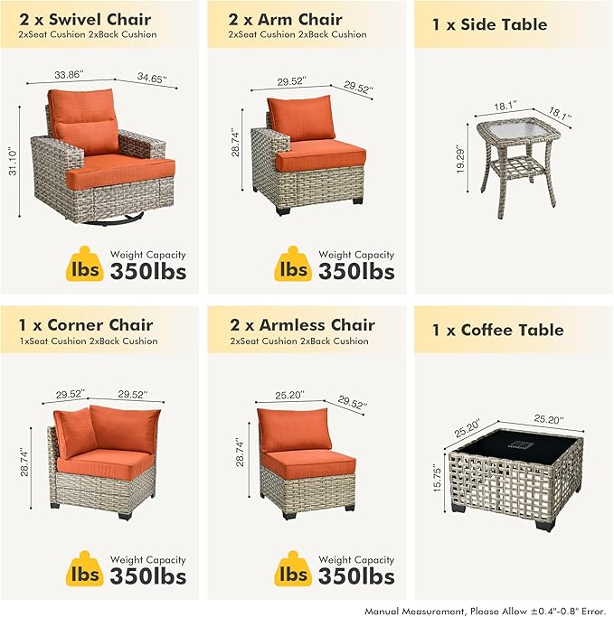 HOOOWOOO Outdoor Sectional Patio Furniture Set,9 Pieces Wicker Conversation Sets L Shaped Couch,Extra Deep Out Door Sofa Outside Furniture with Swivel Chairs,Brick Red