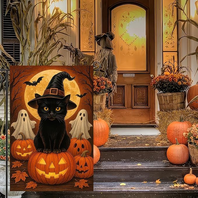 Garden Flags 12x18 Inch Halloween Black Cat Garden Flag Witch Hat Pumpkin Ghosts Double-Sided Spooky Fall Yard Decorations for Outdoor Porch Lawn Welcome Sign Holiday Banner
