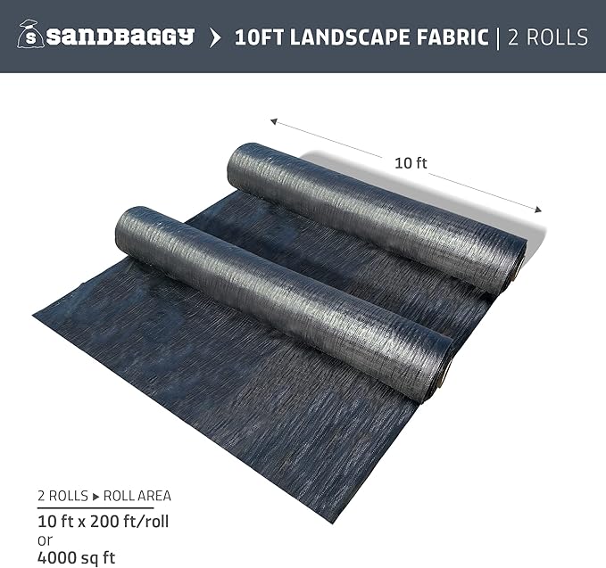 Sandbaggy 10 ft x 200 ft Landscape Fabric | 40 Year Fabric | for Weed Barrier, Ground Cover, Garden | Industrial Grade | 135 Lbs of Tensile | UV Protected | DOT Approved (2 Rolls - 10 ft x 200 ft)