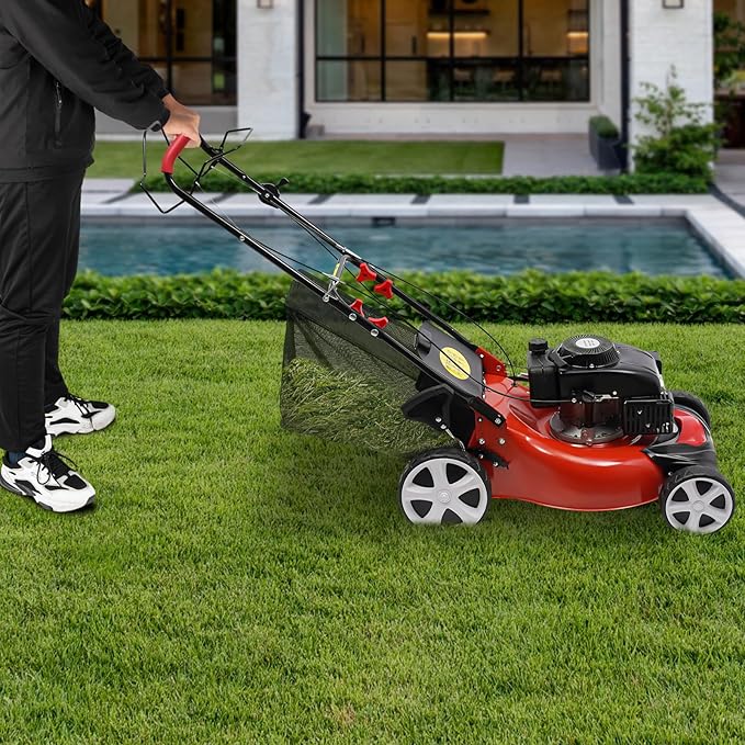 140CC 4 Stroke Walk-Behind Lawn Mower Gas Powered Push Lawn Mower with Wheels and Grass Collecting Bag Grass Trimmer for Yards Gardens Lawns, 8 Adjustable Height, 20-in Cutting Width,5HP
