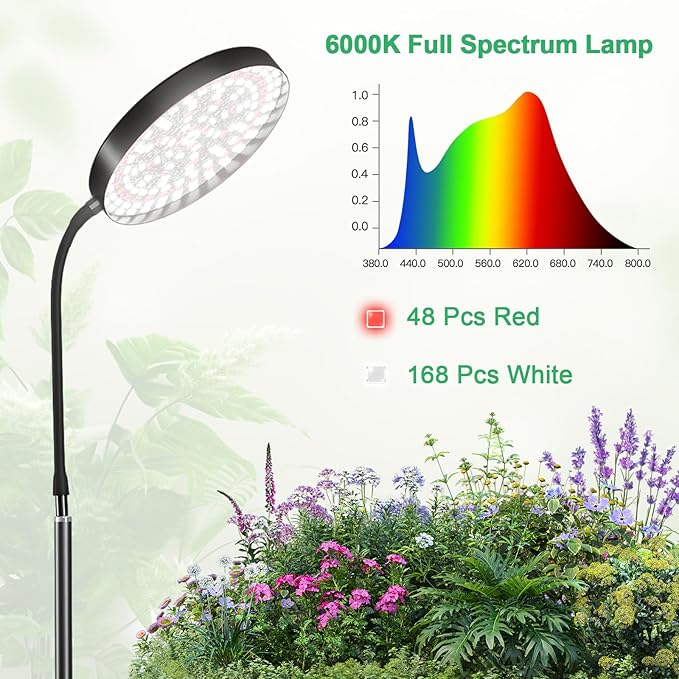 Super Bright Standing Grow Light for Indoor Plants, 6000K 216 LEDs Floor Plant Growing Lamp with 12V 3A High Power Output for Faster Growth, 4/8/12 Timer Setting & Adjustable Height