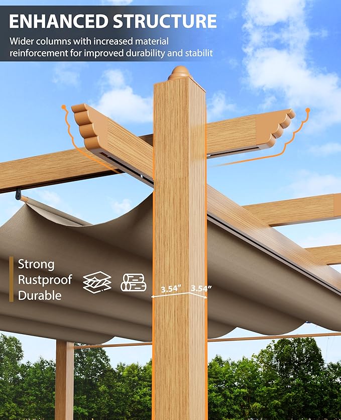 10x13 Ft Outdoor Retractable Pergola with Adjustable Roof Modern Metal Patio Gazebo, Upgraded Faux Wood Grain Aluminum Pergola for Deck, Backyard Gardens, Porches, Grapevines, Khaki