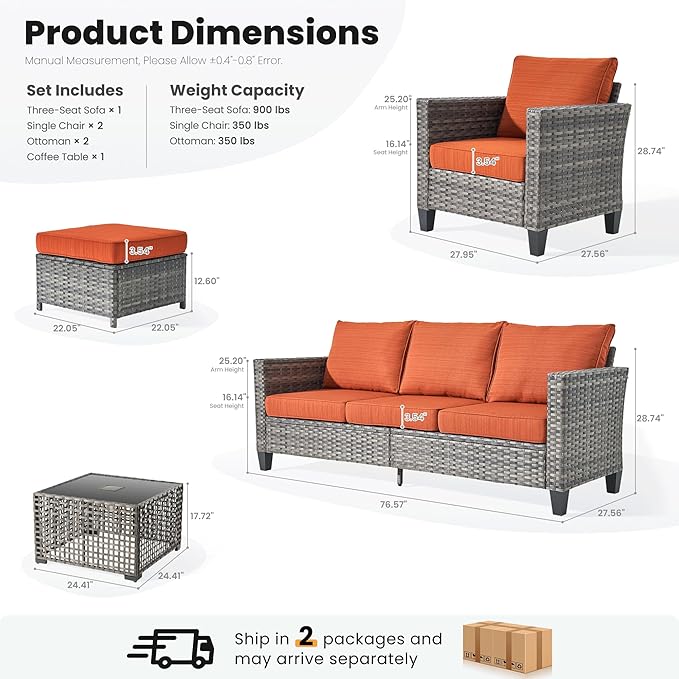 ovios 6 Pieces Patio Furniture Set Outdoor Sofa Couch with Solar Lights Table Comfy Cushions, Modern Deep Seat Wicker Rattan Conversation Set for Porch Deck, Orange Red