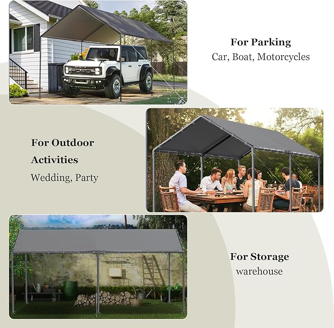 Carport, 10x20ft Heavy Duty Portable Garage, Car Port with Storage Shed, Car Canopy Car Tent with Steel Frame All-Season Tarp for Car, Truck, Boat, Party, Grey