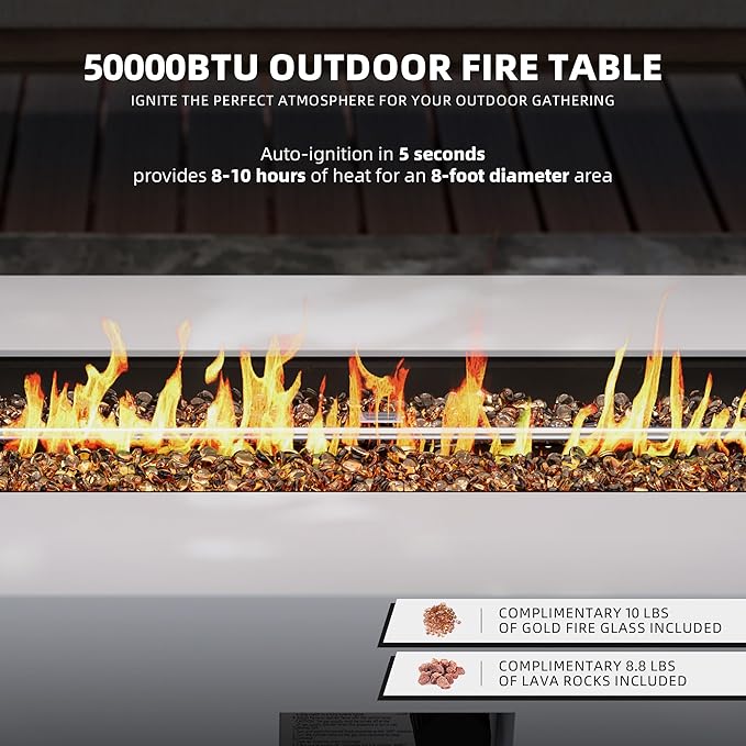 UPHA 42-inch Outdoor Propane Gas Fire Pit Table 50000 BTU Iron Rectangle Firepit for Outside Patio with Tank Hidden Table, Removable Lid, Gold Glass Rocks, Rain Cover,White