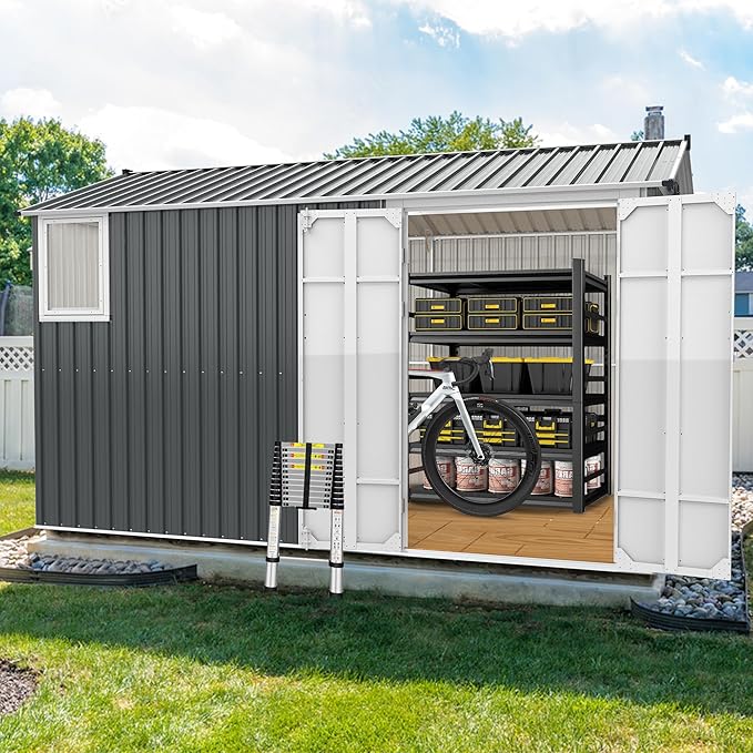 8x12 Ft Outdoor Storage Shed with Floor Frame and Window,Large Metal Utility Tool House W/Double Hinged Door & 4 Air Vents,All Weather Waterproof Garden Sheds for Backyard,Patio,Lawn,Dark Gray