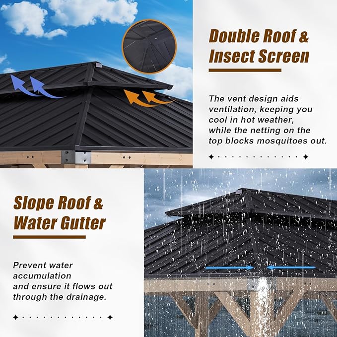 CHARMELEON 12'x20' Cedar Wood Gazebo Hardtop - Wooden Gazebos with Dual Metal Roof - Permanent Outdoor Gazebo - Large All Weather Patio Gazebo for Backyard, Deck & Garden - with Curtains & Netting