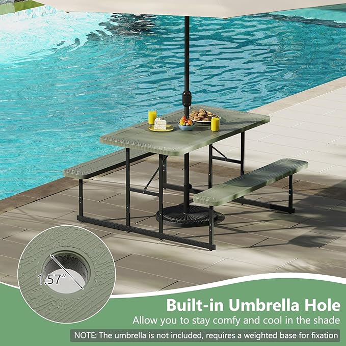 Tangkula Picnic Table, HDPE Outdoor Rectangular Table Bench Set with 2 Built-in Benches, Umbrella Hole, Metal Frame for 4 Person, Garden Yard Patio Lawn