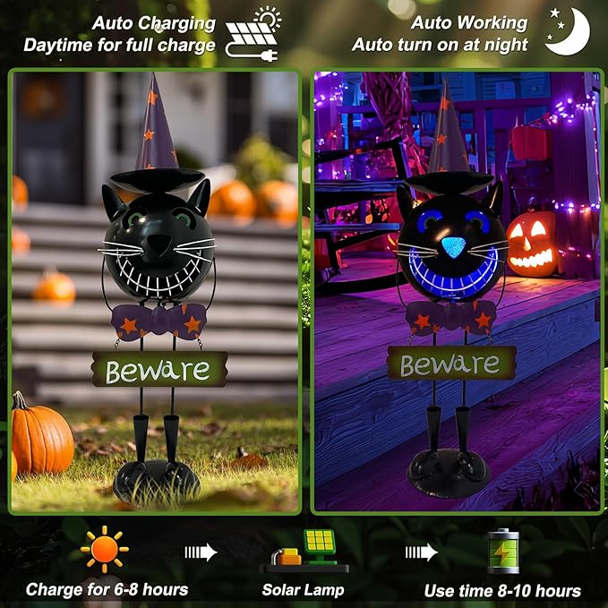 Halloween Decorations Outdoor Solar Lights- Metal Black Cat Statues with Witch Hat, 24 Inch Spooky Cat Figurine with Color Change LED Lights