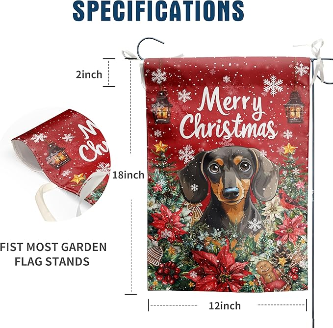 Christmas Dachshund Garden Flag Merry Christmas Dog Yard Flag for Outside Xmas Flags 12x18 Double Sided Red Poinsettia Garden Flags Winter Porch Decorations Outdoor