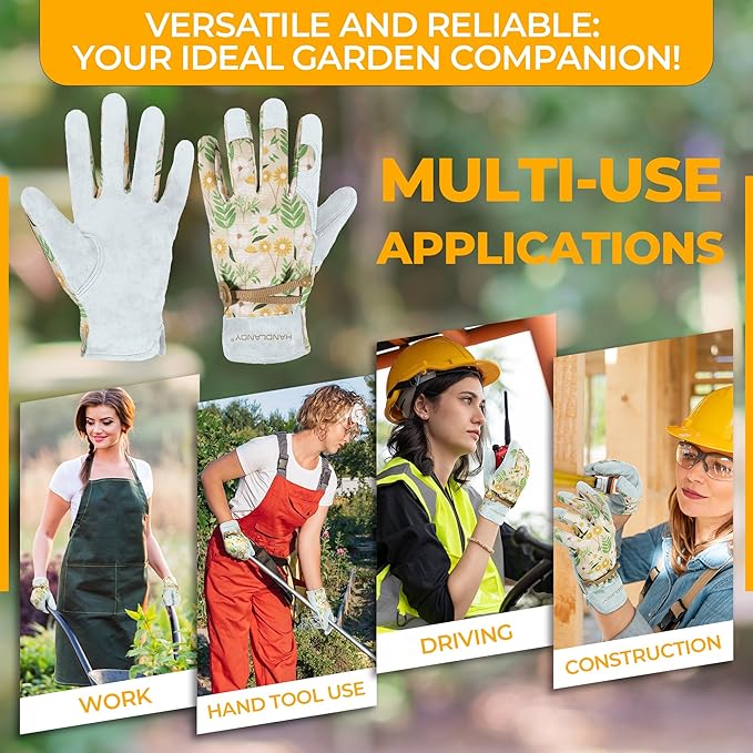 HANDLANDY Gardening Gloves for Women, Breathable Ladies Leather Garden Yard Gloves Best Gift for Gardeners
