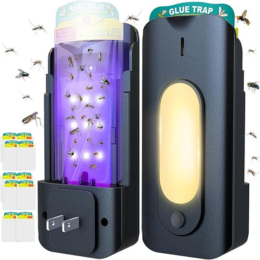 Fruit Fly Trap for Indoors with 10 Refills, 2 in 1 Fly Trap Indoor with Night Light for Home, Gnat Traps for House Indoor, Plug-in Insect Trap for Gnats, Flies, Moths, and Other Bugs-Black