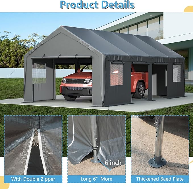 Carport 13'x25'x10' Heavy Duty with Roll-up Sidewall and Ventilated Windows, Portable Outdoor Garage for Car, SUV, Boat, Gray