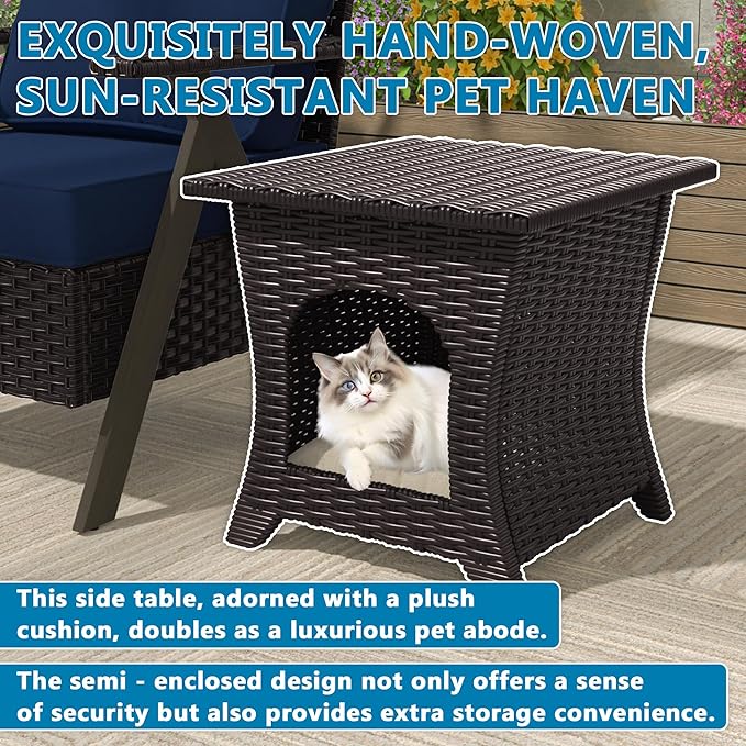 Vista Vibe Patio Wicker Side Table, All-Weather Rattan Furniture, 2 in 1 End Table & Pet Nest for Porch, Sunroom, Garden （Beige）