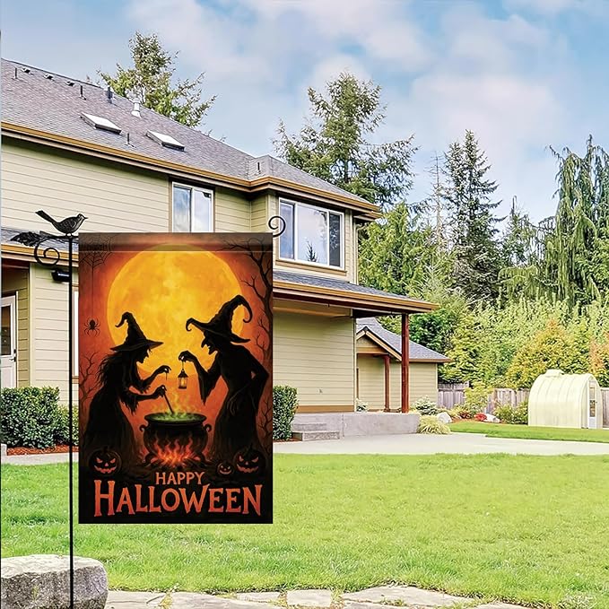 Happy Halloween Garden Flag Witches Cauldron Full Moon Flag 12x18 Inch Double Sided Outdoor Yard Banner for Trick or Treat Haunted House Halloween Decoration Decor