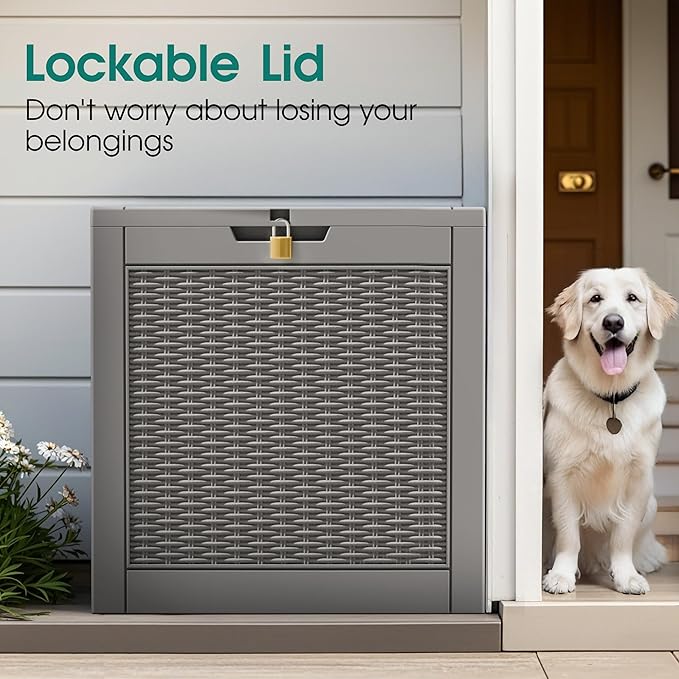 NUNU LAB 32 Gallon Resin Deck Box,Outdoor Indoor Waterproof Storage Box for Patio Cushions, Garden Tools, Pool Accessories,Backyard Storage Bin,Grey