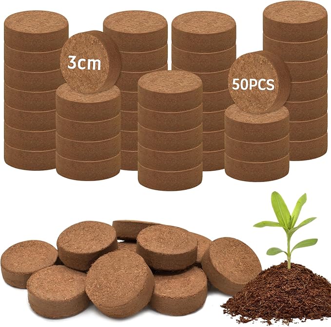 Halatool 50pcs 30mm Organic Coconut Coir Pellets Soil for Seed Starter, Compressed Coco Coir Potting Soil for Growing Vegetables, Fruits, Flowers
