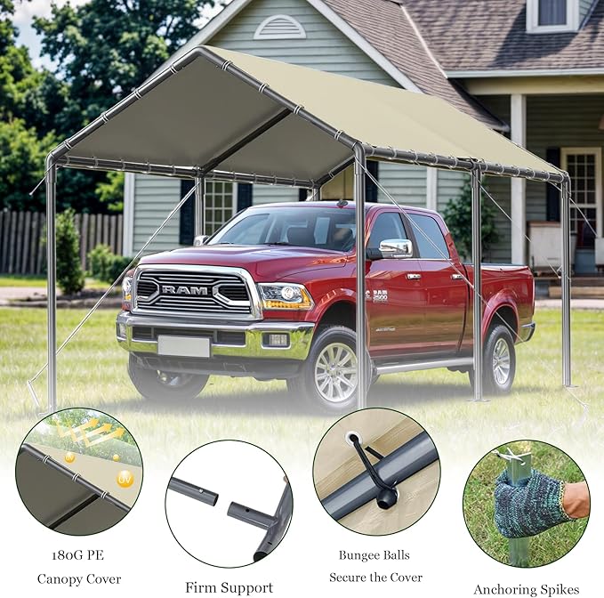 Carport, 10x20ft Heavy Duty Portable Garage, Car Port with Storage Shed, Car Canopy Car Tent with Steel Frame All-Season Tarp for Car, Truck, Boat, Party (B-Rice)