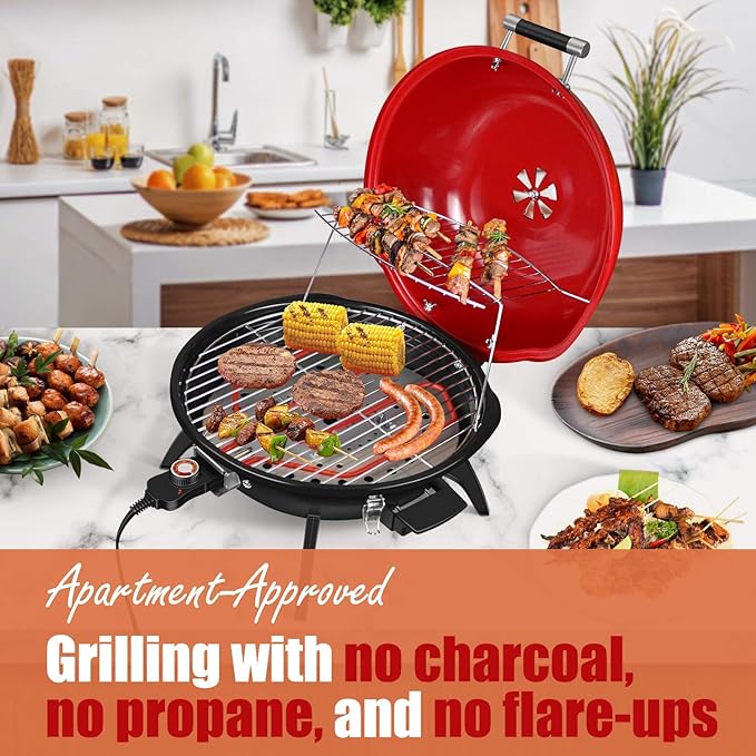Electric BBQ Grill Techwood 15-Serving Indoor/Outdoor Electric Grill for Indoor & Outdoor Use, Double Layer Design, Portable Removable Stand Grill, 1600W (Countertop BBQ Grill)