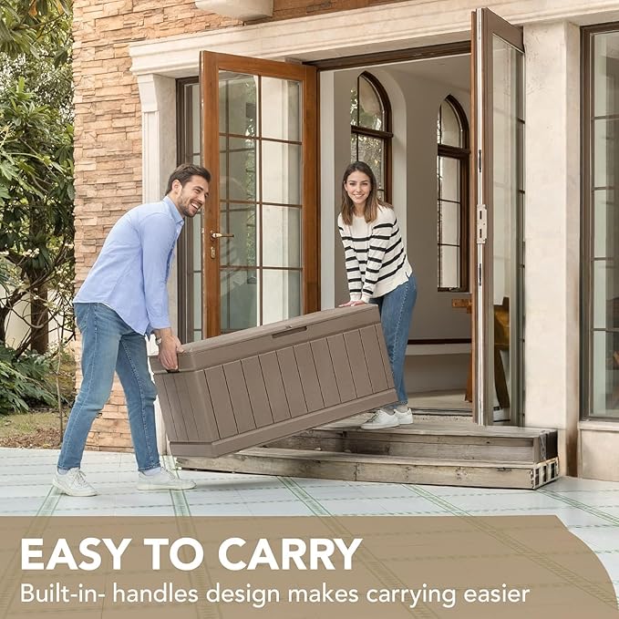 Devoko 85 Gallon Deck Box Lockable Resin Outdoor Storage Box waterproof Outdoor Container for Patio Furniture Cushions, Pillow (Light Brown)