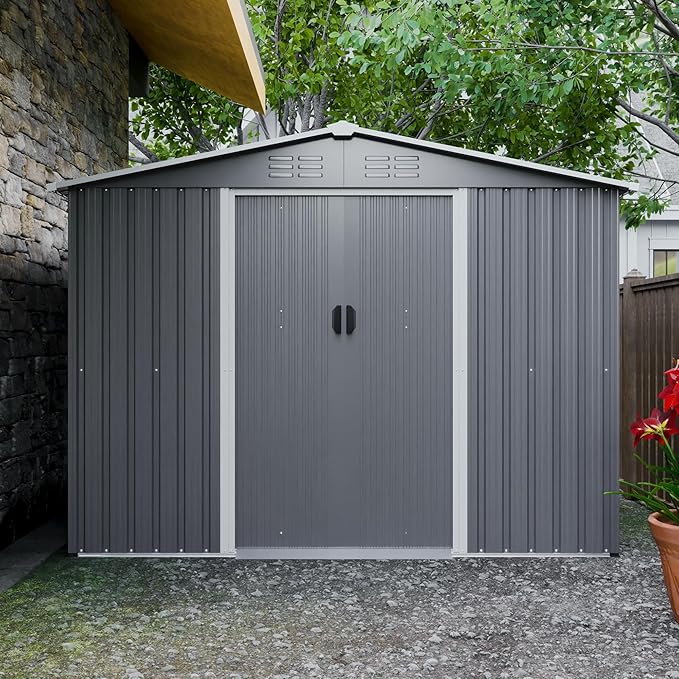 8X6 FT Outdoor Storage Shed with Roof,Waterproof House Tool Cabinet W/Metal Foundation & Lockable Doors,for Shovels,Umbrellas,Antennas,Escalators,Gray