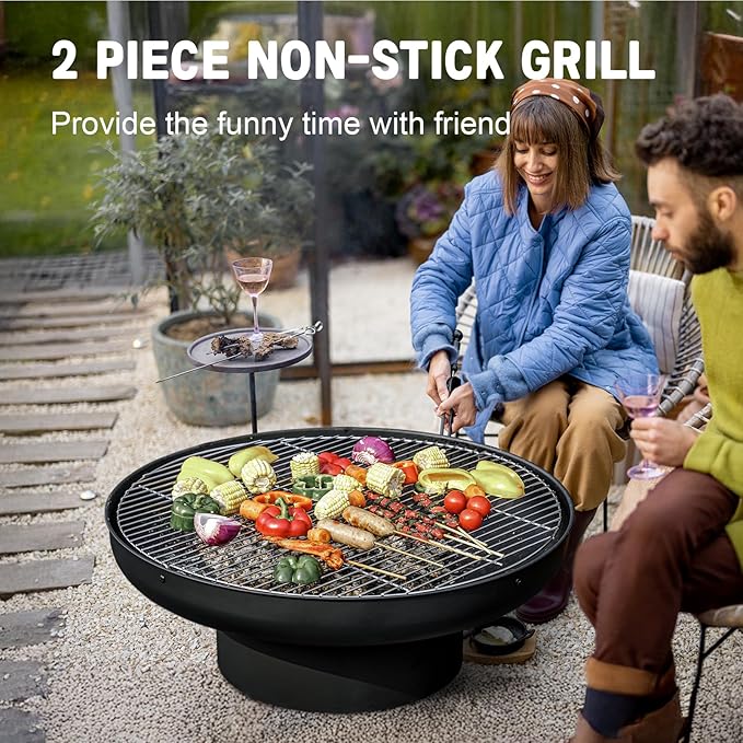 32in Fire Pit Table with Lid,Heavy Duty and Deep Fire Bowl,Outdoor Wood Burning BBQ Grill Firepit Bowl with Cover Lid, Fire Pit for Outside Table for Backyard Bonfire Patio Picnic