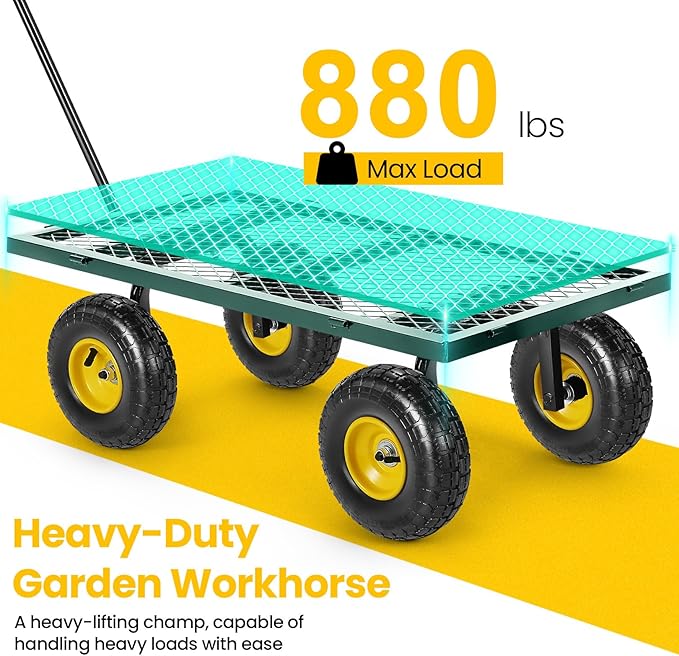 TEANDE Garden Cart, Heavy Duty 880 Lbs Capacity Mesh Steel Garden Cart with Removable Sides to Convert into Flatbed, Utility Metal Wagon with 180° Rotating Handle and 10 in Tires
