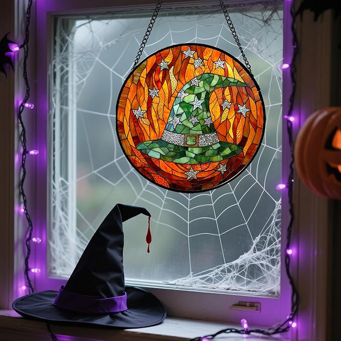 Stained Glass Window Hanging - Halloween Decorations Witch Hat Suncatcher for Doors Garden Indoor Spooky Funny Green Sun Catchers Gothic Decor Horror Gifts for Women Men Friend 9.8 in